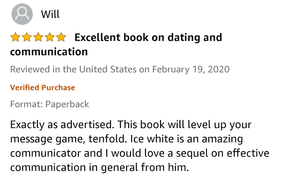 Amazon Review of The Message Game, 5 stars Bumble Tinder Online Dating RSD Real Social Dynamics Testimonial, Ice White
