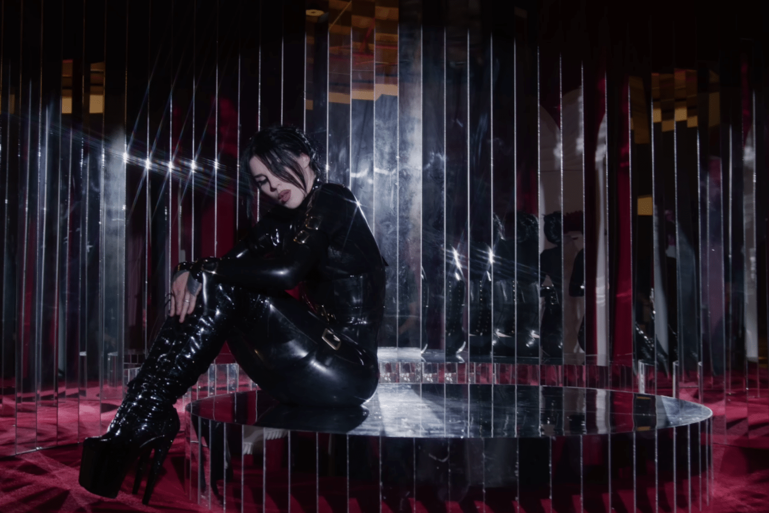 Kat Von D Music Video With You Latex Catsuit Pleaser Shoes 8 Inch Platform High Heels Thigh High Boots Outfit